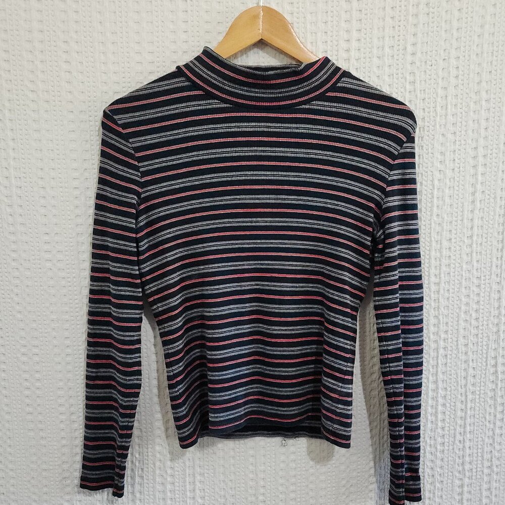 Vintage Ann Taylor Striped Mock Neck Long Sleeve Top 90s Minimalist Y2K X-Small - Picture 1 of 11